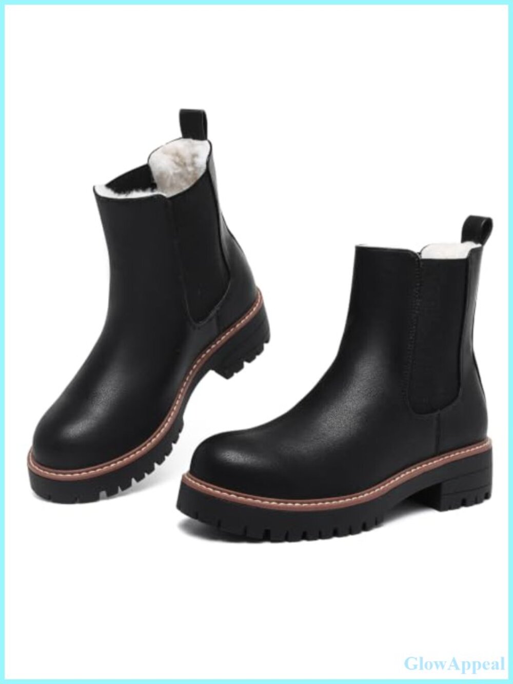 Chelsea Boots Women Fur Lined Chunky Lug Sole Ankle Booties Winter Pull On